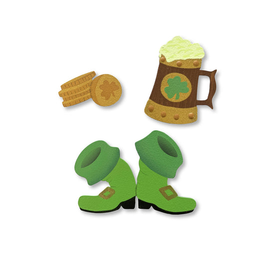 Green leprechaun shoes, brown mug with shamrock, and gold coins on a white background