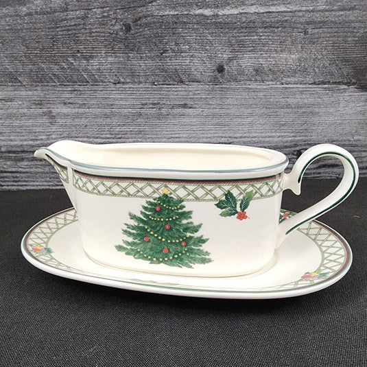 Mikasa Christmas Story Gravy Boat & Under Plate White Holiday Dinnerware Decor