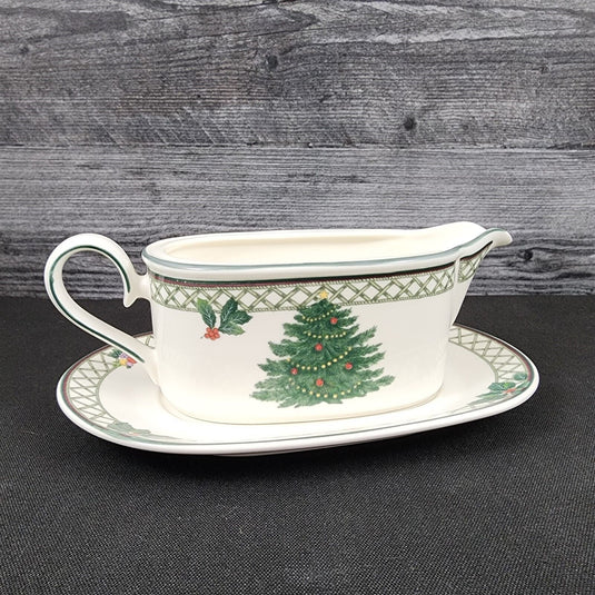 Mikasa Christmas Story Gravy Boat & Under Plate White Holiday Dinnerware Decor