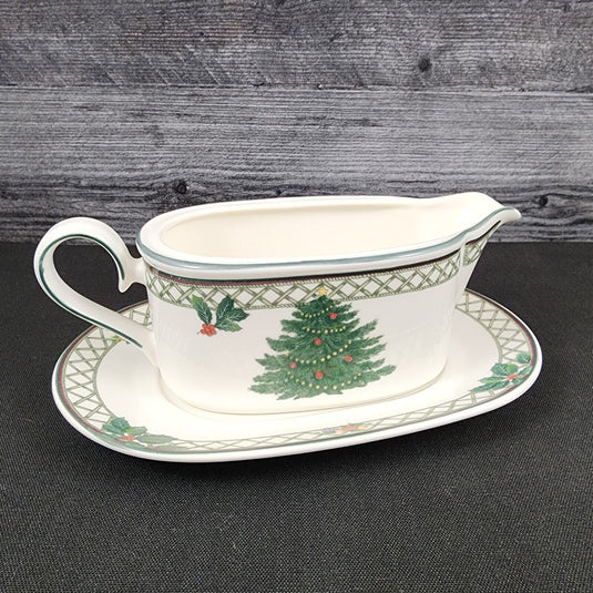 Mikasa Christmas Story Gravy Boat & Under Plate White Holiday Dinnerware Decor