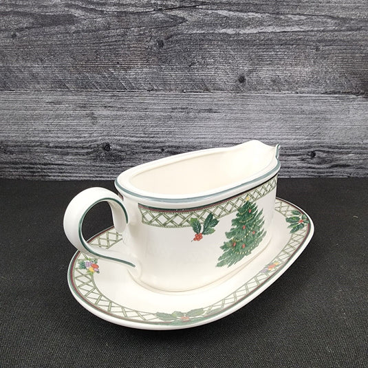 Mikasa Christmas Story Gravy Boat & Under Plate White Holiday Dinnerware Decor