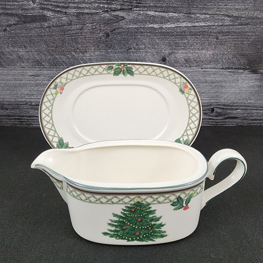 Mikasa Christmas Story Gravy Boat & Under Plate White Holiday Dinnerware Decor