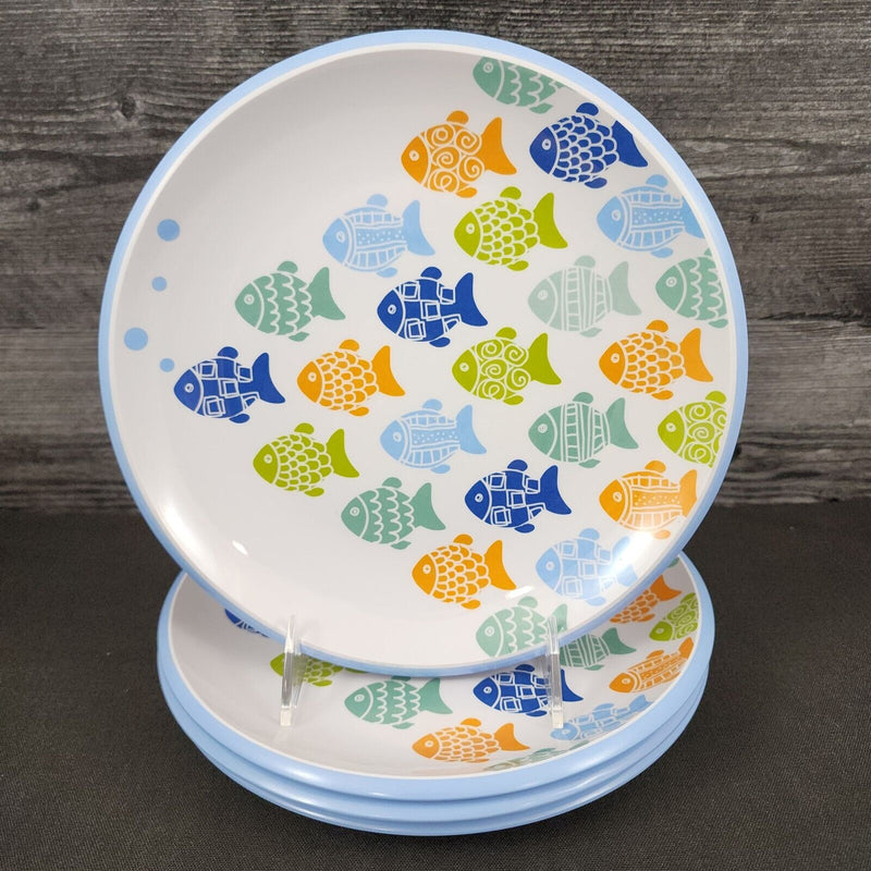 Load image into Gallery viewer, Melamine Plate Fish Pattern Blue Green Orange Set of 4 Coastal Dinner Dish 9"
