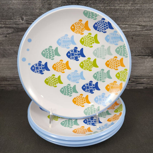 Melamine Plate Fish Pattern Blue Green Orange Set of 4 Coastal Dinner Dish 9"