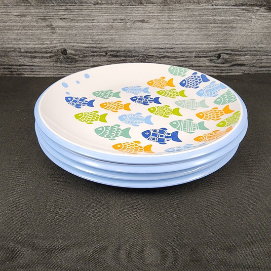 Melamine Plate Fish Pattern Blue Green Orange Set of 4 Coastal Dinner Dish 9"