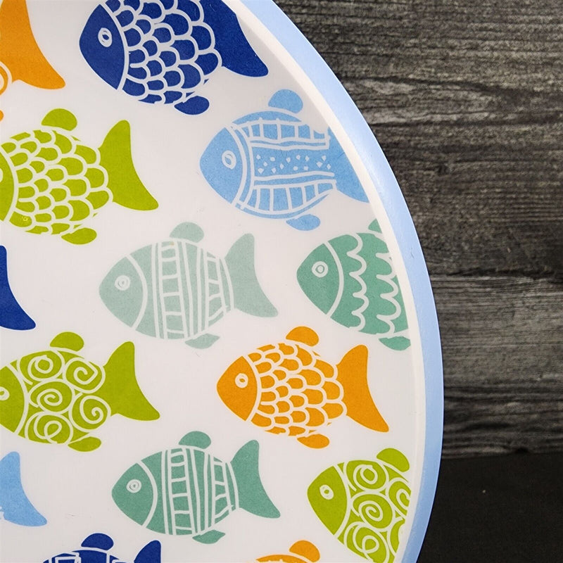 Load image into Gallery viewer, Melamine Plate Fish Pattern Blue Green Orange Set of 4 Coastal Dinner Dish 9"
