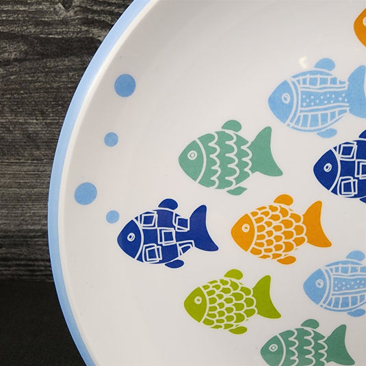 Melamine Plate Fish Pattern Blue Green Orange Set of 4 Coastal Dinner Dish 9"