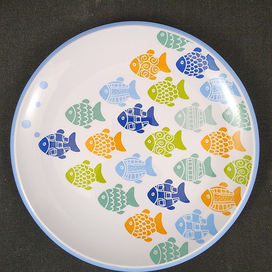 Melamine Plate Fish Pattern Blue Green Orange Set of 4 Coastal Dinner Dish 9"