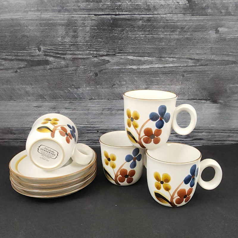 Load image into Gallery viewer, Noritake October Fest Cup Saucer 4 Set w/Trim Stoneware Brown Blue Yellow Floral
