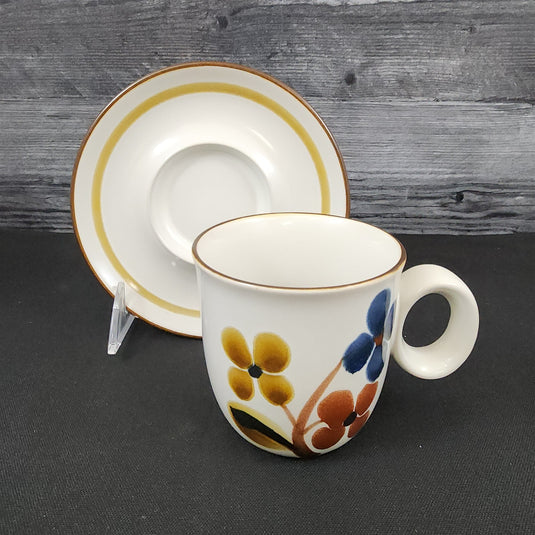 Noritake October Fest Cup Saucer 4 Set w/Trim Stoneware Brown Blue Yellow Floral