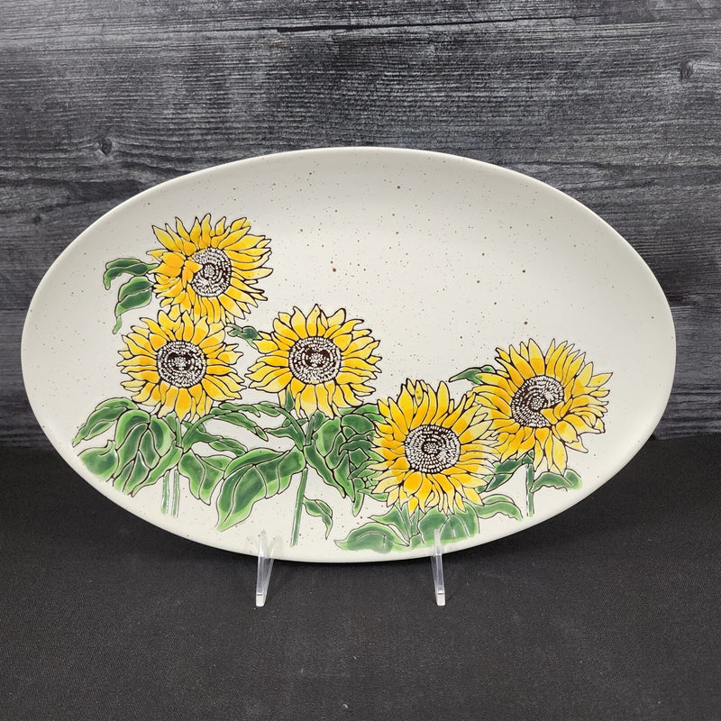 Load image into Gallery viewer, Sunflower Oval Platter Tray 14x9” Ceramic Embossed By Spectrum Blue Sky Harvest
