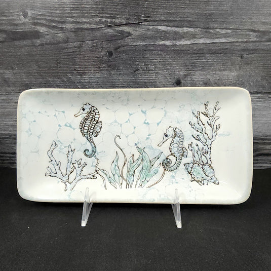 Sea Horse and Shells Serving Plate 10" Platter Blue Sky Tray Ceramic Embossed