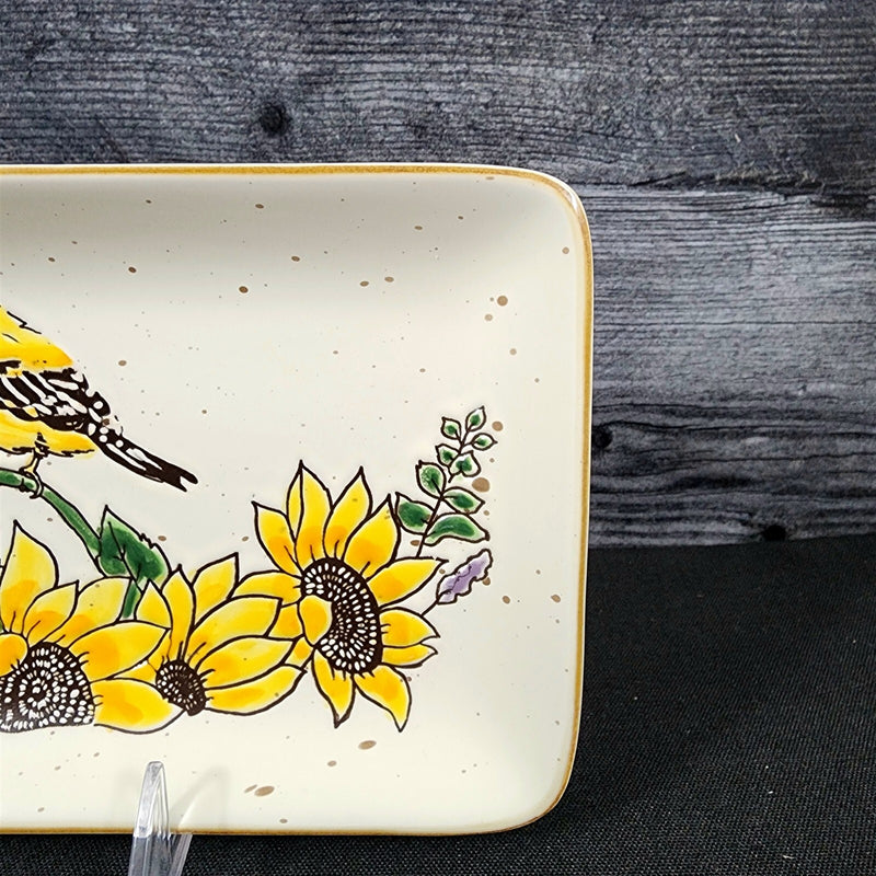 Load image into Gallery viewer, Goldfinch Sunflower Serving Plate 10" Platter Blue Sky Tray Ceramic Embossed
