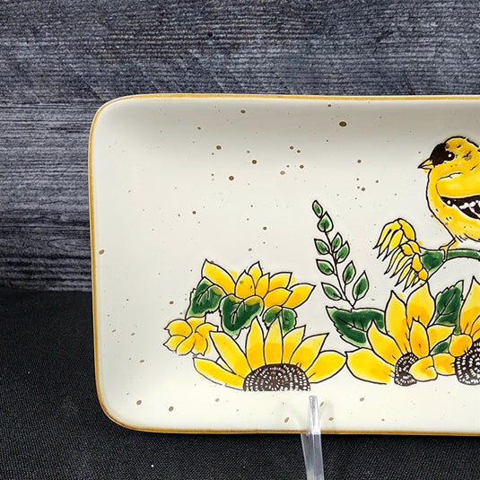 Goldfinch Sunflower Serving Plate 10" Platter Blue Sky Tray Ceramic Embossed