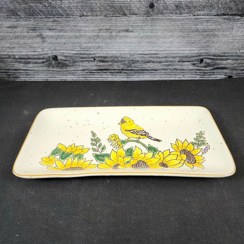 Load image into Gallery viewer, Goldfinch Sunflower Serving Plate 10" Platter Blue Sky Tray Ceramic Embossed
