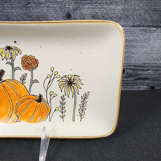Pumpkin Sunflowers Serving Plate 10" Platter Blue Sky Tray Ceramic Embossed