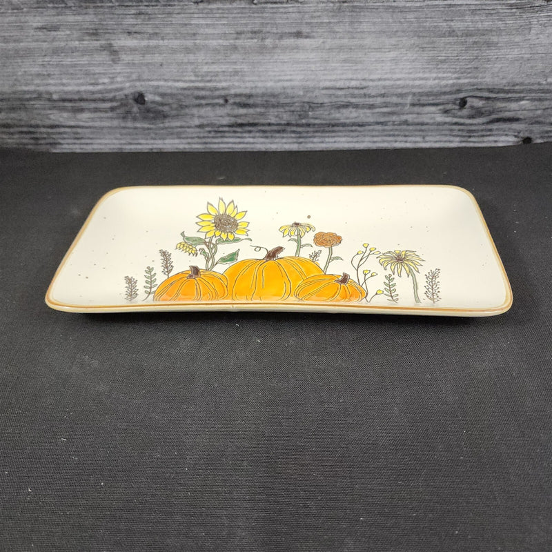 Load image into Gallery viewer, Pumpkin Sunflowers Serving Plate 10" Platter Blue Sky Tray Ceramic Embossed
