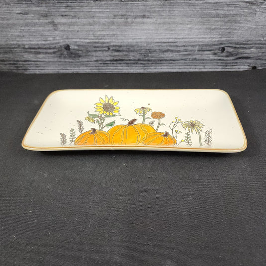 Pumpkin Sunflowers Serving Plate 10" Platter Blue Sky Tray Ceramic Embossed
