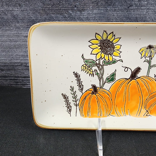Pumpkin Sunflowers Serving Plate 10" Platter Blue Sky Tray Ceramic Embossed