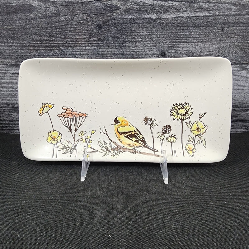 Load image into Gallery viewer, Flowers and Yellow Bird Serving Plate 10" Platter Blue Sky Tray Ceramic Embossed
