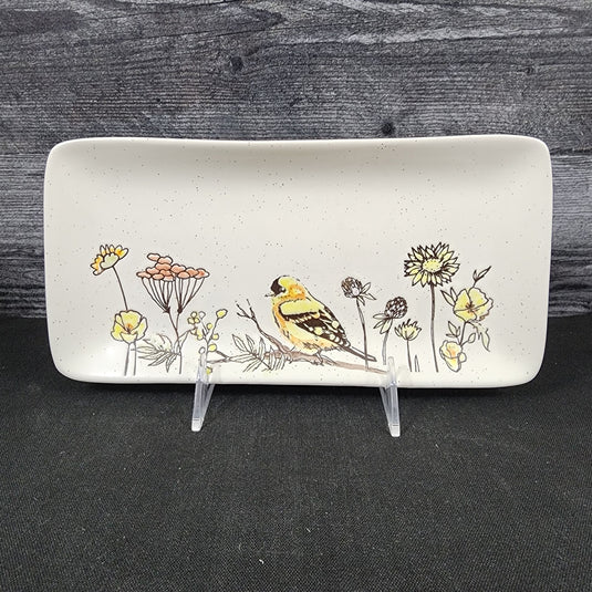 Flowers and Yellow Bird Serving Plate 10" Platter Blue Sky Tray Ceramic Embossed