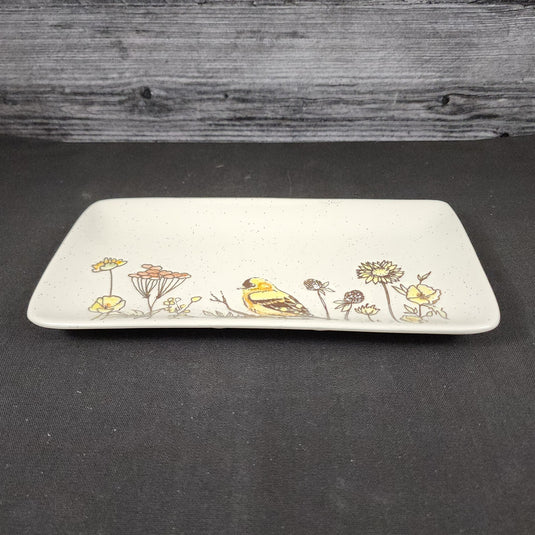 Flowers and Yellow Bird Serving Plate 10" Platter Blue Sky Tray Ceramic Embossed