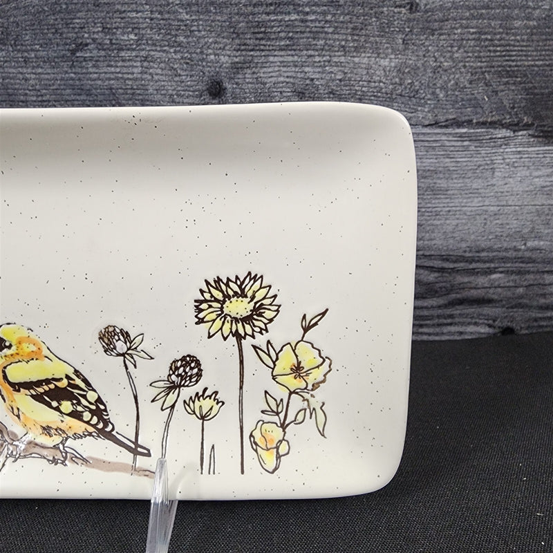 Load image into Gallery viewer, Flowers and Yellow Bird Serving Plate 10" Platter Blue Sky Tray Ceramic Embossed
