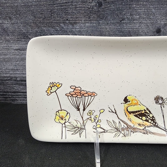 Flowers and Yellow Bird Serving Plate 10" Platter Blue Sky Tray Ceramic Embossed