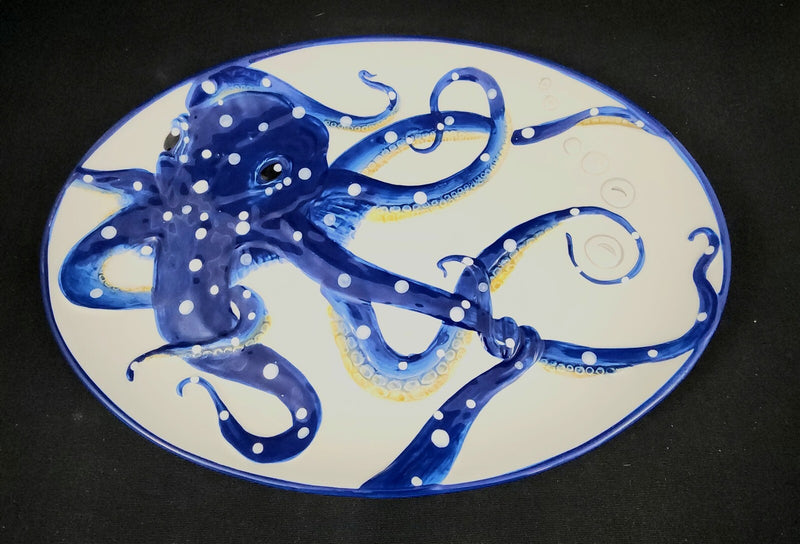 Load image into Gallery viewer, Octopus Platter Embossed Oval Serving Tray Ceramic Blue Sky 13.5"
