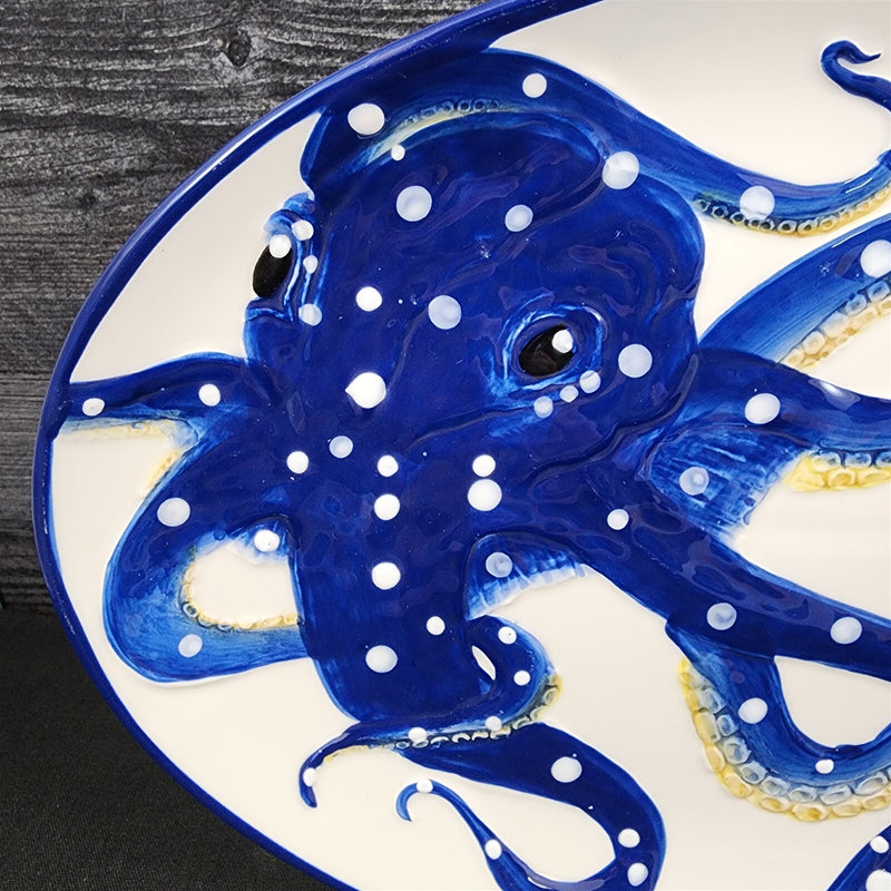 Load image into Gallery viewer, Octopus Platter Embossed Oval Serving Tray Ceramic Blue Sky 13.5"
