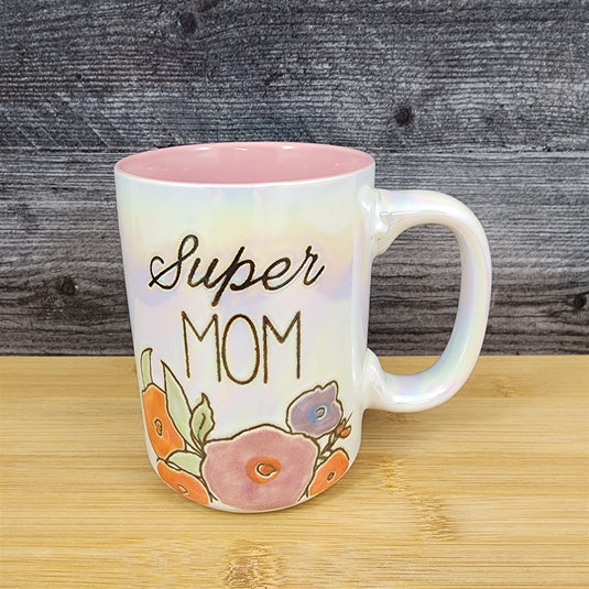 Super Mom Coffee Mug Ceramic Embossed White Floral Tea Cup Mother by Blue Sky