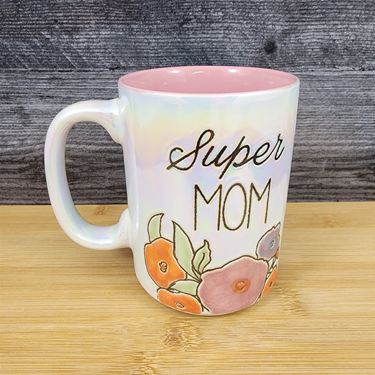 Super Mom Coffee Mug Ceramic Embossed White Floral Tea Cup Mother by Blue Sky
