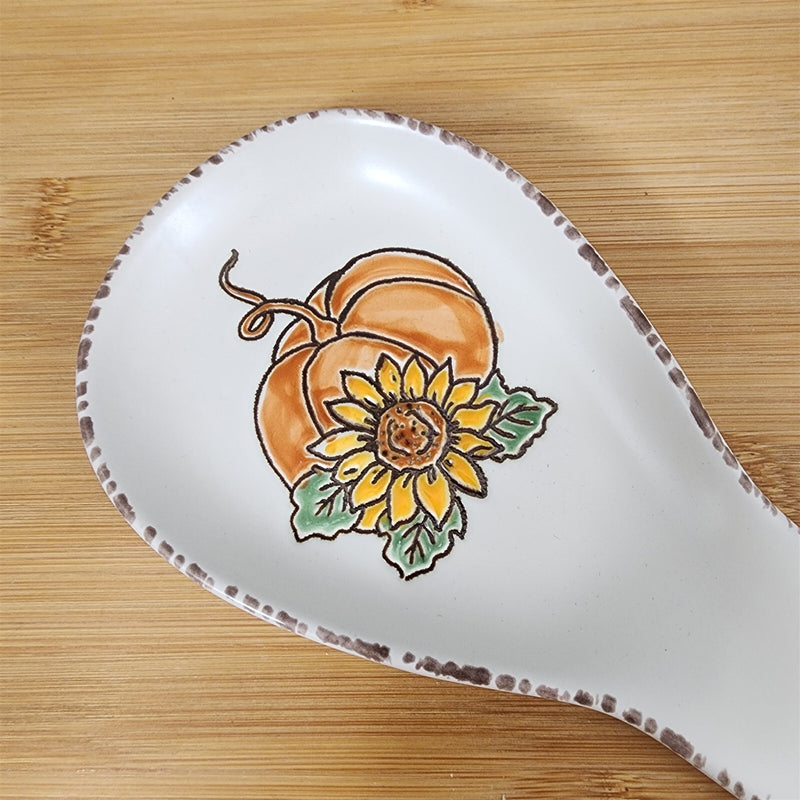 Load image into Gallery viewer, Saddlebrook Farm Spoon Rest Pumpkin Fall Sunflower Ceramic Spectrum Embossed
