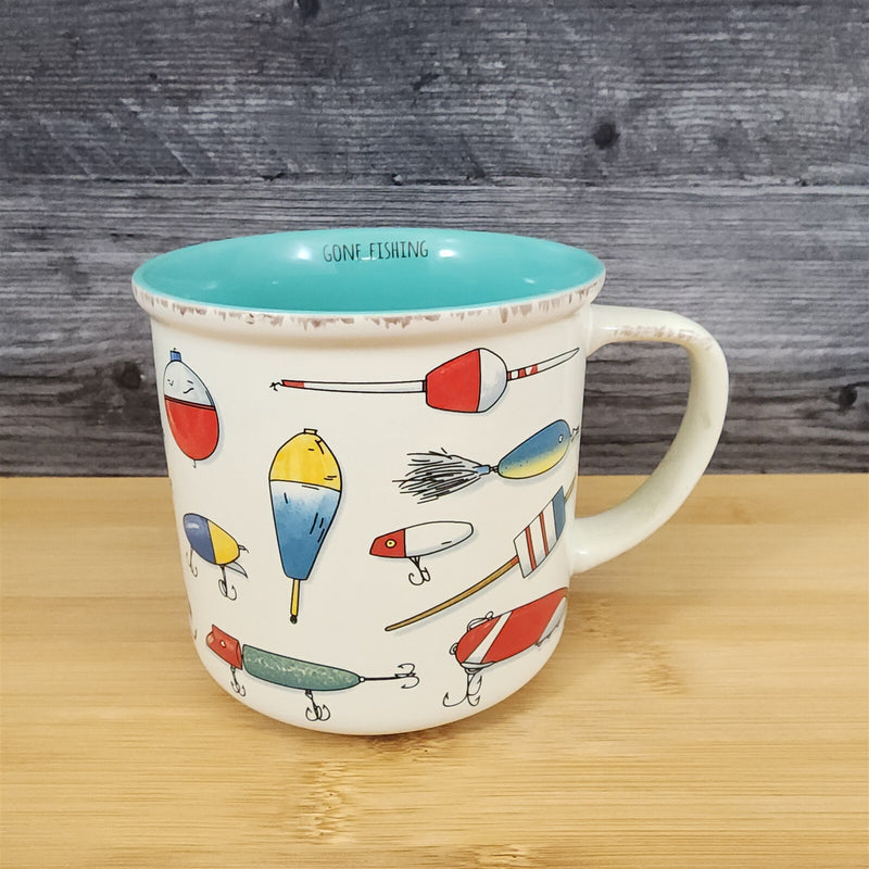 Load image into Gallery viewer, Gone Fishing Mug Ceramic Lure Tackle Theme Blue Sky Father Day Gift Coffee Cup
