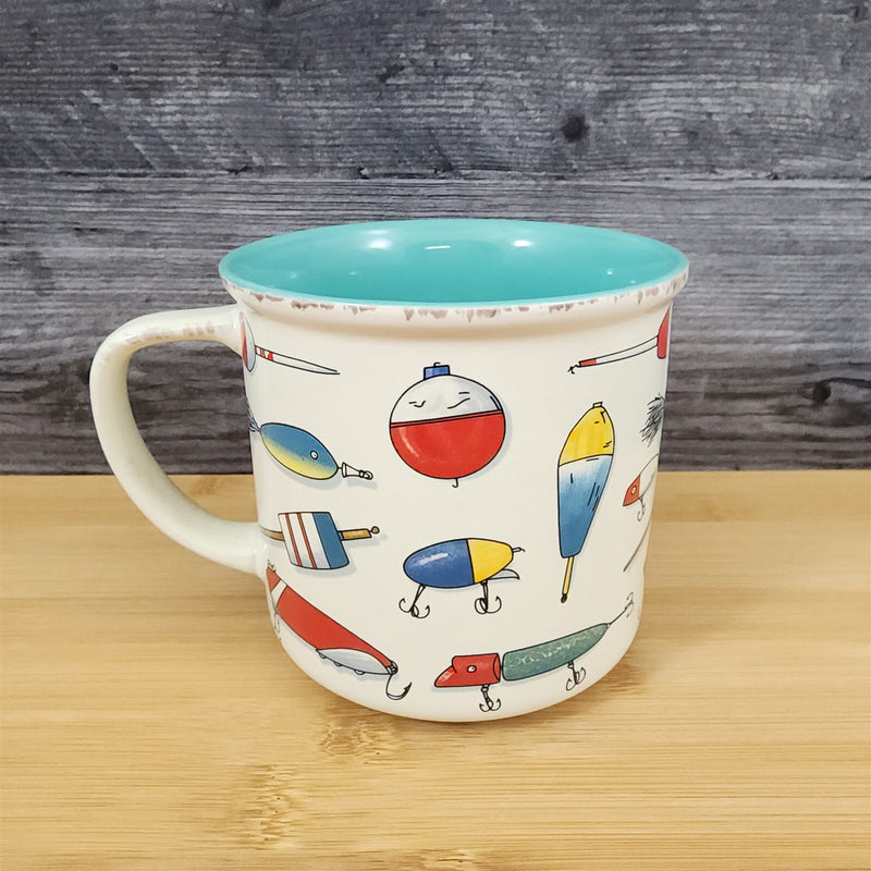 Load image into Gallery viewer, Gone Fishing Mug Ceramic Lure Tackle Theme Blue Sky Father Day Gift Coffee Cup

