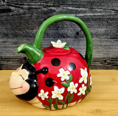Ladybug Teapot Red Ceramic Spring Flower Garden by Blue Sky Embossed Tea Pot
