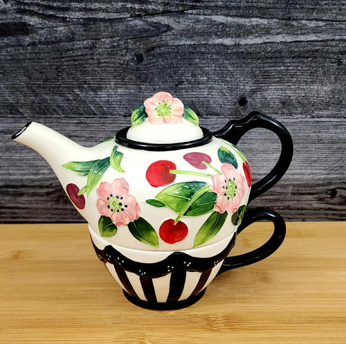 Cherry Tea for one Flower Garden Teapot Ceramic Blue Sky Floral Tea Pot Embossed