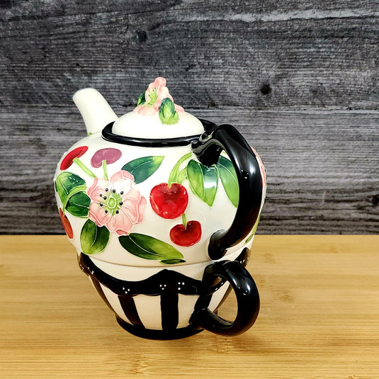 Cherry Tea for one Flower Garden Teapot Ceramic Blue Sky Floral Tea Pot Embossed