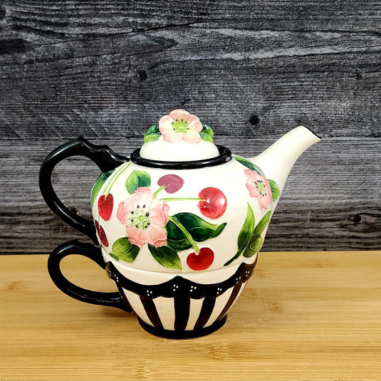 Cherry Tea for one Flower Garden Teapot Ceramic Blue Sky Floral Tea Pot Embossed