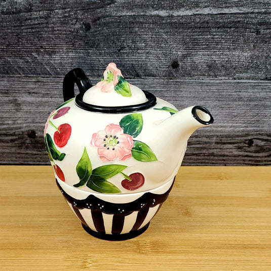 Cherry Tea for one Flower Garden Teapot Ceramic Blue Sky Floral Tea Pot Embossed