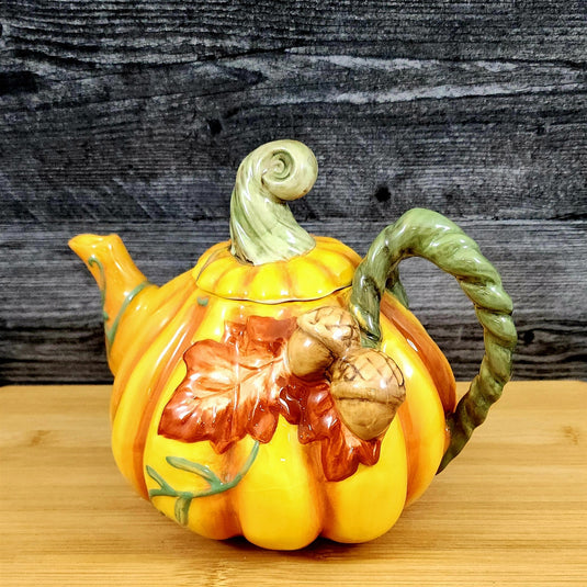 Harvest Pumpkin Teapot Autumn Garden Ceramic Blue Sky Floral Tea Pot Embossed