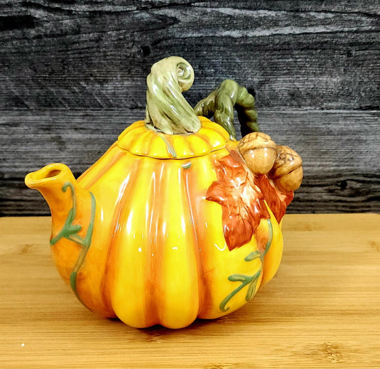 Harvest Pumpkin Teapot Autumn Garden Ceramic Blue Sky Floral Tea Pot Embossed
