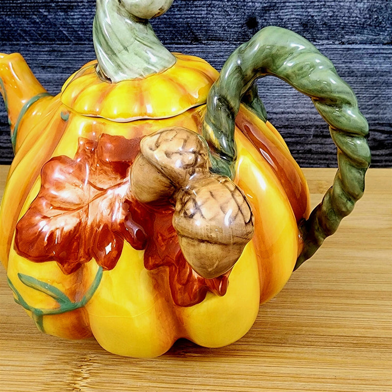 Load image into Gallery viewer, Harvest Pumpkin Teapot Autumn Garden Ceramic Blue Sky Floral Tea Pot Embossed
