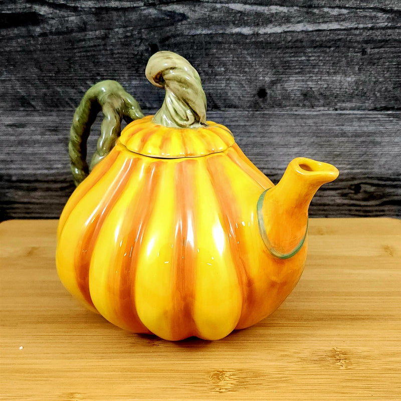 Load image into Gallery viewer, Harvest Pumpkin Teapot Autumn Garden Ceramic Blue Sky Floral Tea Pot Embossed
