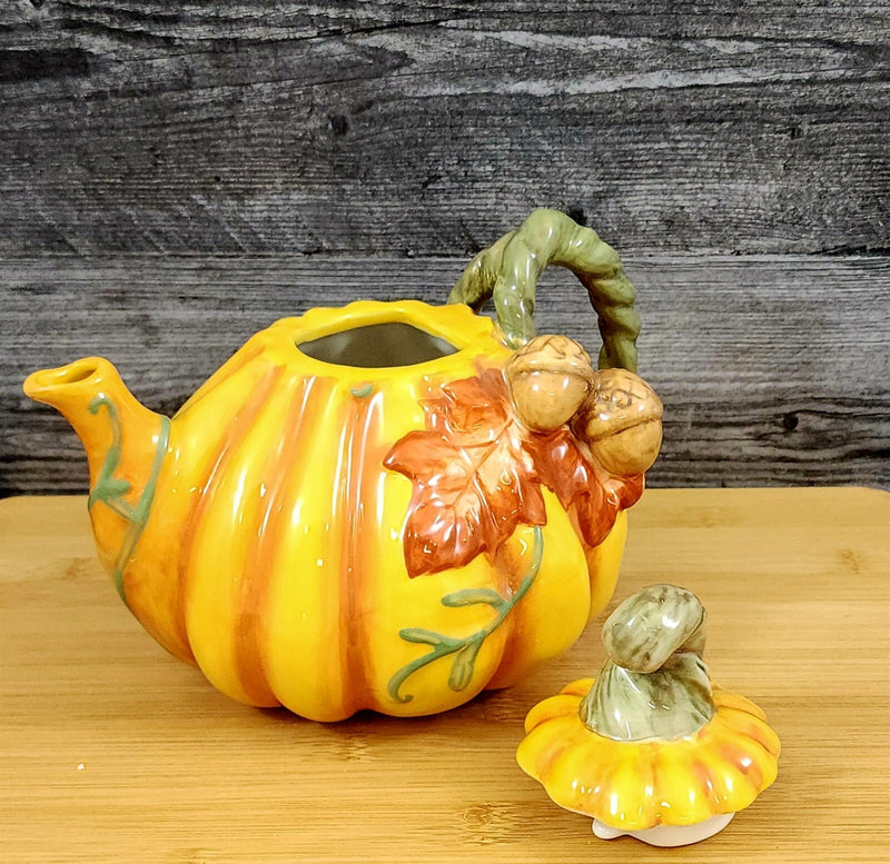 Load image into Gallery viewer, Harvest Pumpkin Teapot Autumn Garden Ceramic Blue Sky Floral Tea Pot Embossed
