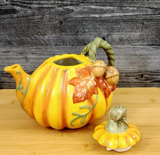 Harvest Pumpkin Teapot Autumn Garden Ceramic Blue Sky Floral Tea Pot Embossed