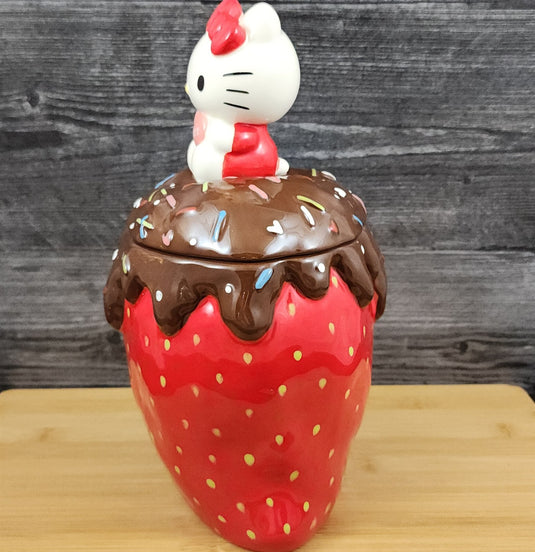 Hello Kitty with Strawberry Cookie Treat Jar Chocolate Covered Blue Sky Ceramic