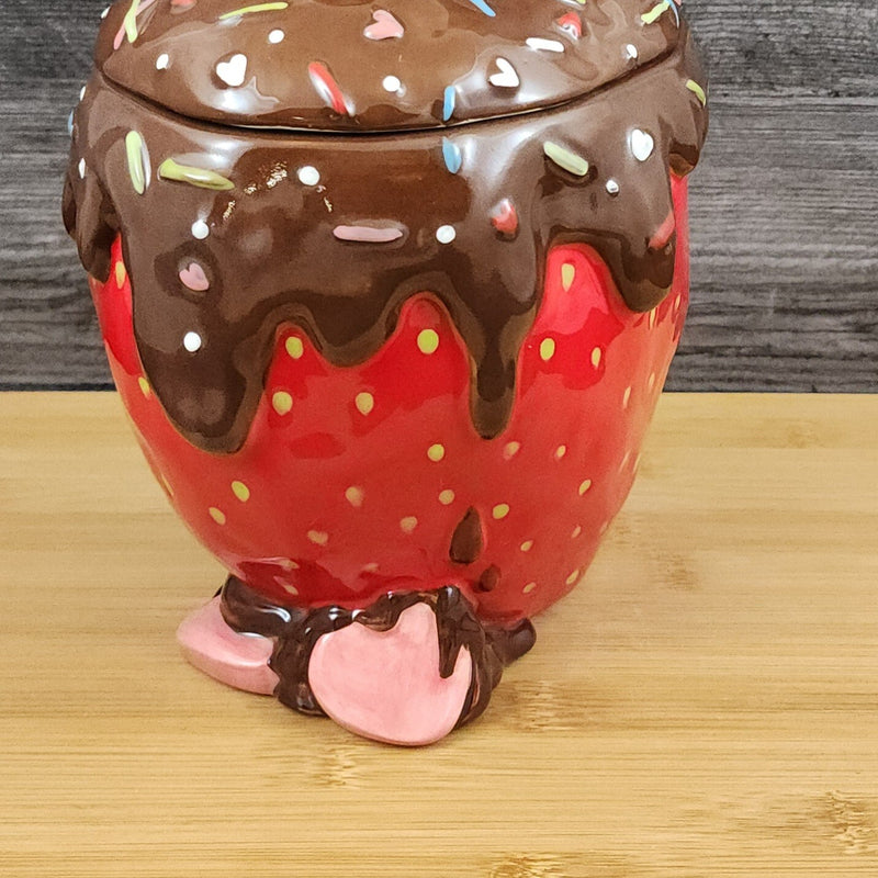 Load image into Gallery viewer, Hello Kitty with Strawberry Cookie Treat Jar Chocolate Covered Blue Sky Ceramic
