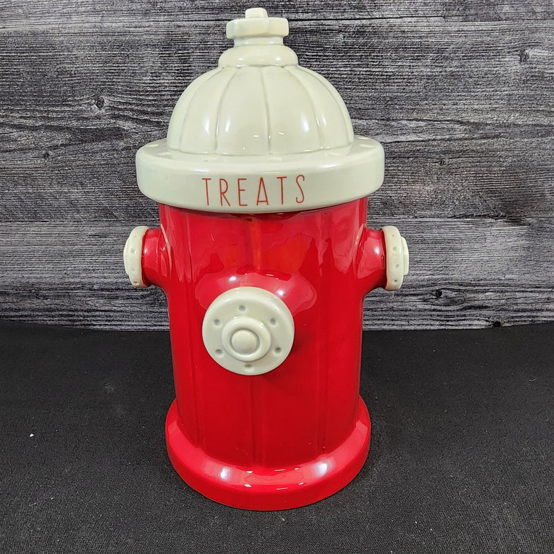 Load image into Gallery viewer, Fire Hydrant Treats Cookie Canister Ceramic Pet Dog Cat Snack Jar Red Blue Sky
