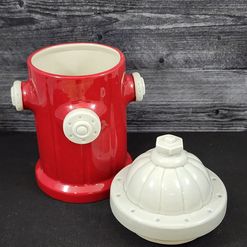 Load image into Gallery viewer, Fire Hydrant Treats Cookie Canister Ceramic Pet Dog Cat Snack Jar Red Blue Sky

